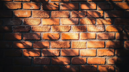 This image showcases a textured red brick wall illuminated by soft light, creating artistic shadows. Perfect for backgrounds or architectural designs.の素材