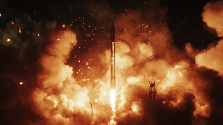 A dramatic rocket launch lights up the night sky with powerful flames and thick smoke, showcasing human innovation and the excitement of space exploration.の素材