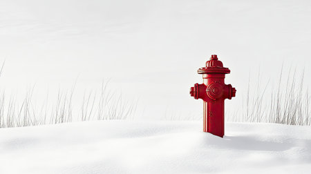 A bright red fire hydrant emerges from a blanket of snow, surrounded by sparse grass and under a clear winter sky, symbolizing urban resilience in cold weather.の素材