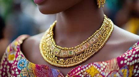 Close-up view of a woman showcasing an intricate gold necklace paired with a vibrant traditional outfit, reflecting rich cultural heritage and exquisite craftsmanship.の素材