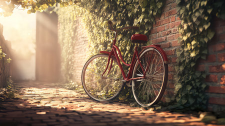A charming vintage red bicycle leans against a brick wall enveloped in lush green ivy, basking in warm sunlight. The serene alleyway invites exploration.の素材
