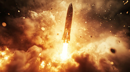 A dramatic scene capturing a rocket liftoff amid fiery explosions and dense smoke, symbolizing energy and technology in motion toward the sky.の素材