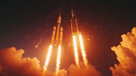A stunning visual of two rockets launching into the starry night sky, creating fiery trails amidst dramatic clouds, symbolizing technological advancement and exploration.の素材