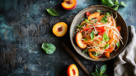 A vibrant and fresh salad featuring juicy peaches, crunchy vegetables, and aromatic herbs on a rustic table. Perfect for healthy dining.の素材
