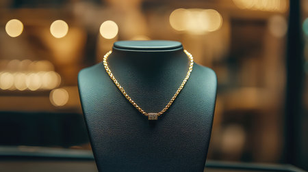 This image captures a stunning gold necklace on a black bust, set against a beautifully blurred background, showcasing luxury and elegance in jewelry design.の素材