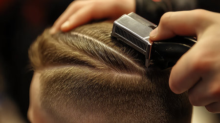 A barber expertly shapes a client's hair using clippers, showcasing attention to detail in a stylish barbershop atmosphere. The modern grooming process highlights the craftsmanship and skill involved in contemporary haircuts.の素材