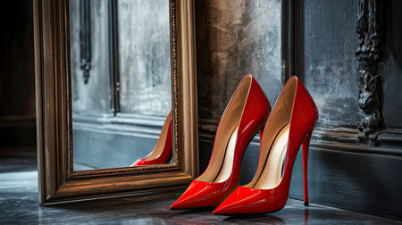 A pair of elegant red high heel shoes gracefully poised next to a vintage mirror with an ornate frame, showcasing timeless fashion and luxury in a chic interior.の素材