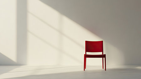 A striking red chair positioned alone against a bright wall, bathed in soft light and shadows. This image embodies minimalism and tranquility in interior design.の素材