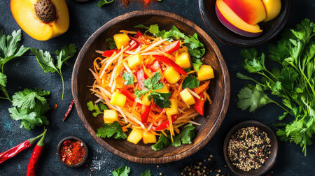 Vibrant salad featuring fresh mango, papaya, and red pepper garnished with coriander on a dark background. Ideal for healthy, colorful cuisine.の素材
