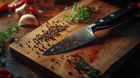 A beautifully arranged scene featuring a sharp chef knife resting on a wooden cutting board, enhanced by the vibrant colors of fresh herbs and spices.の素材