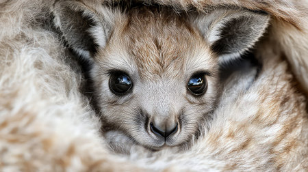 A mesmerizing close-up of a baby kangaroo nestled in soft fur, highlighting its innocent big eyes and gentle expression, capturing the essence of wildlife.の素材