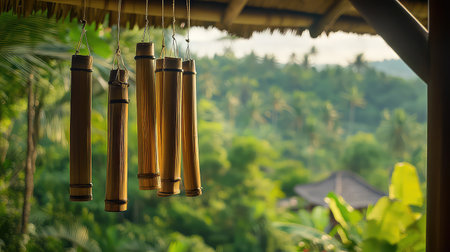 Discover the enchanting beauty of bamboo wind chimes hanging gracefully amidst a lush tropical landscape, evoking tranquility and serenity.の素材