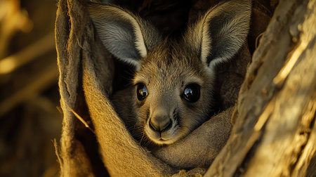 A captivating image of a baby kangaroo nestled in its soft furry pouch, displaying its large expressive eyes and endearing features in a natural setting.の素材