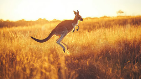 A dynamic scene featuring a kangaroo leaping gracefully across a sunlit grassland during sunset. The warm colors of the evening sky enhance the tranquil beauty of the Australian landscape.の素材