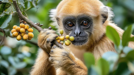This stunning image captures a golden monkey in a close-up portrait, showcasing its expressive eyes and furry texture while it holds fruit amidst lush greenery.の素材