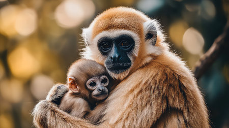 A heartwarming scene captures a mother monkey cuddling her baby in a lush natural environment, highlighting the affectionate bond between them. The soft, diffused background enhances the emotional connection.の素材