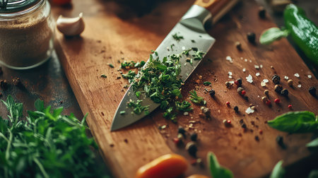 Discover the essence of culinary art with this vibrant depiction of fresh herbs and spices, beautifully arranged on a rustic wooden cutting board.の素材