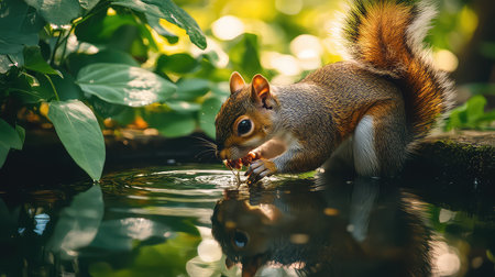 A charming squirrel drinks from a serene pond, reflecting its image in the water. Surrounded by lush greenery, this moment captures nature's beauty and tranquility.の素材