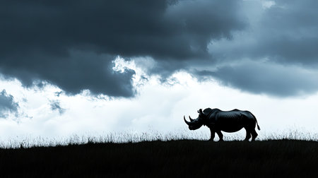 A striking silhouette of a rhinoceros stands tall against a backdrop of dramatic, dark clouds, showcasing the beauty of wildlife in its natural habitat.の素材