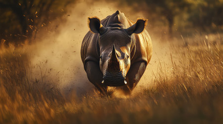 A powerful rhinoceros fiercely charges through a dusty grassland, illuminated by the warm glow of sunset, showcasing the raw beauty of wildlife in motion.の素材