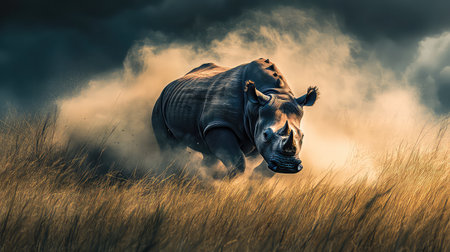 A powerful rhinoceros charges through dusty grasslands under a dramatic sky, showcasing the raw strength and wild energy of this magnificent animal.の素材