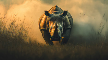 A remarkable image of a rhinoceros charging through a dusty grassland during a stunning sunset, showcasing its power and grace in the wild.の素材