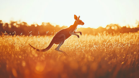 A kangaroo leaps gracefully across a golden grassland during sunrise. The warm light bathes the landscape, creating a serene and picturesque setting in nature.の素材