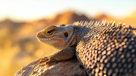 A captivating close-up image of a colorful lizard resting on a rock, set against a warm sunset light in a desert landscape, showcasing its intricate scales and features.の素材