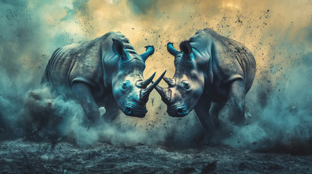 Two majestic rhinos engage in an intense battle, surrounded by a dramatic landscape of dust and smoke. This striking wildlife scene captures the raw power of nature's impressive creatures.の素材