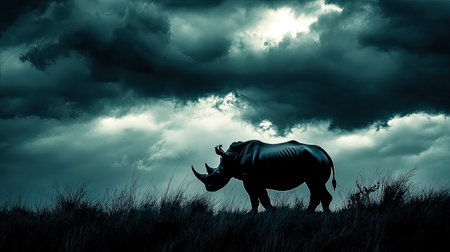 A striking silhouette of a rhinoceros stands against a backdrop of dark, swirling clouds, creating an atmospheric scene that evokes tranquility and majesty.の素材