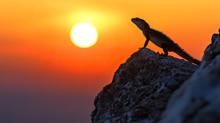 Captivating silhouette of a lizard perched on a rocky surface as the sun sets in a warm palette of orange and yellow, showcasing nature's beauty and tranquility.の素材