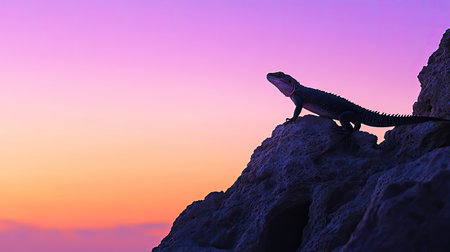 A striking silhouette of a lizard perched atop a rocky surface against a vibrant sunset sky, showcasing the tranquil beauty of nature and wildlife.の素材