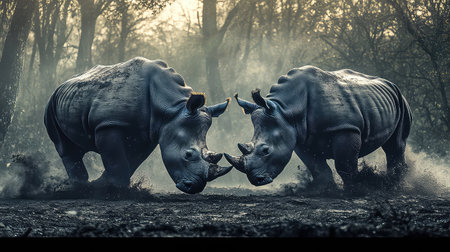 A dramatic scene in a misty forest captures two rhinoceroses engaging in a powerful confrontation, showcasing the beauty and intensity of wildlife.の素材