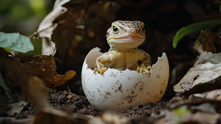 A captivating young lizard emerges from its cracked eggshell in a lush natural setting, surrounded by leaves and rich soil in a serene habitat.の素材