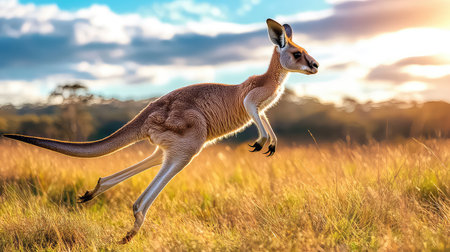 A kangaroo gracefully leaps across a golden grassland at sunset, capturing the essence of freedom and natural beauty in Australia's stunning landscape.の素材