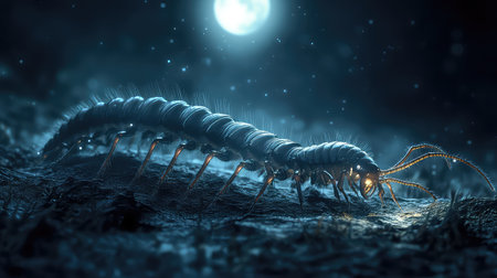 A captivating close-up image of a bioluminescent centipede traversing a dark, enchanting forest under the glow of a full moon. This mesmerizing scene highlights the intricate details and textures of the insect against the mystical backdrop.の素材
