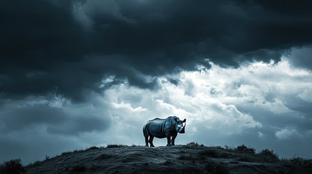 A striking image of a solitary rhinoceros standing on a hill under a dramatic sky filled with dark clouds, showcasing the beauty and strength of wildlife.の素材