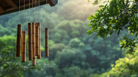 Beautiful bamboo wind chimes hang gracefully in a peaceful forest, illuminated by soft golden light, creating a serene atmosphere in nature.の素材