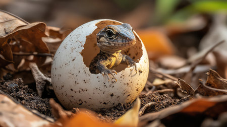 A captivating scene of a baby lizard peeking out from a cracked egg shell, set against a backdrop of fallen leaves and rich soil, symbolizing new life.の素材