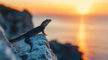 A stunning image of a lizard sitting on a rocky cliff, basking in the warm glow of a sunset. The serene ocean provides a perfect backdrop, showcasing nature's beauty.の素材
