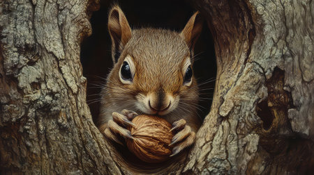 A captivating close-up of a squirrel nestled in a tree hollow, holding a nut with its tiny paws. The image captures the essence of wildlife, showcasing the natural beauty and playful behavior of this adorable creature in its forest habitat.の素材