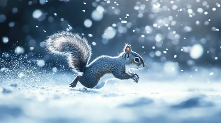A playful squirrel dashes through a snowy landscape, surrounded by gently falling snowflakes, capturing the essence of winter's purity and beauty.の素材