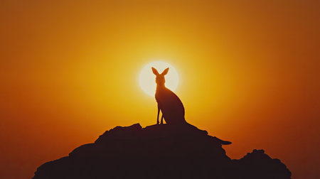 This image captures a striking silhouette of a kangaroo sitting atop a rock, framed by a breathtaking sunset in Australia. The warm hues create a serene atmosphere.の素材