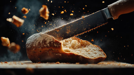 A striking image of a freshly baked loaf of bread being sliced with a serrated knife, creating a dynamic burst of crumbs and flour in a dark kitchen setting.の素材