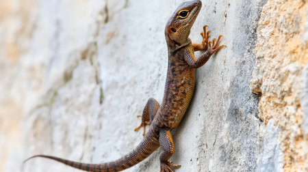 A vibrant close-up image of a lizard climbing on a textured rock surface. The natural colors and details highlight its unique scales and environment.の素材