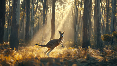 A kangaroo gracefully leaps through a sun-drenched forest, where tall trees and soft ferns create an enchanting and serene atmosphere.の素材