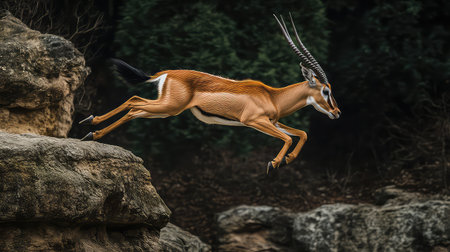 A stunning moment captured of an antelope gracefully leaping over rocky terrain, showcasing the elegance and energy of wildlife in its natural habitat.の素材