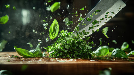 A dynamic shot capturing fresh basil being chopped with a chef's knife on a wooden cutting board, enhancing the beauty of culinary preparation.の素材