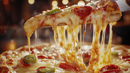 A mouth-watering pizza slice topped with gooey cheese, pepperoni, and vibrant green peppers, perfect for gatherings or indulging on a cozy night.の素材