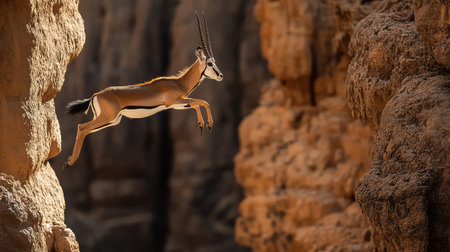 A stunning photograph capturing an antelope in mid-leap across a rocky canyon, showcasing the dynamic movement and beauty of wildlife in its natural habitat.の素材